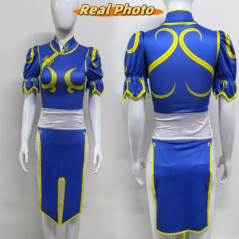 Women's Street Fighter Chun Li Cosplay Costume - Blue Cheongsam Dress with Headdress & Waistband Set