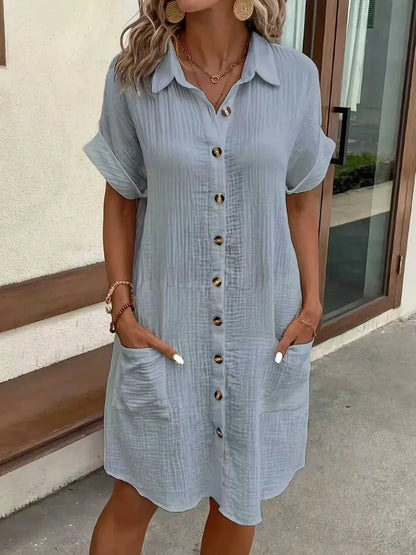V-Neck Single-Breasted Mini Dress - Casual Loose Fit Short Sleeve Summer Dress