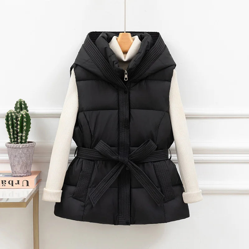 Women's Quilted Puffer Vest - Belted Warm Winter Hooded Sleeveless Coat