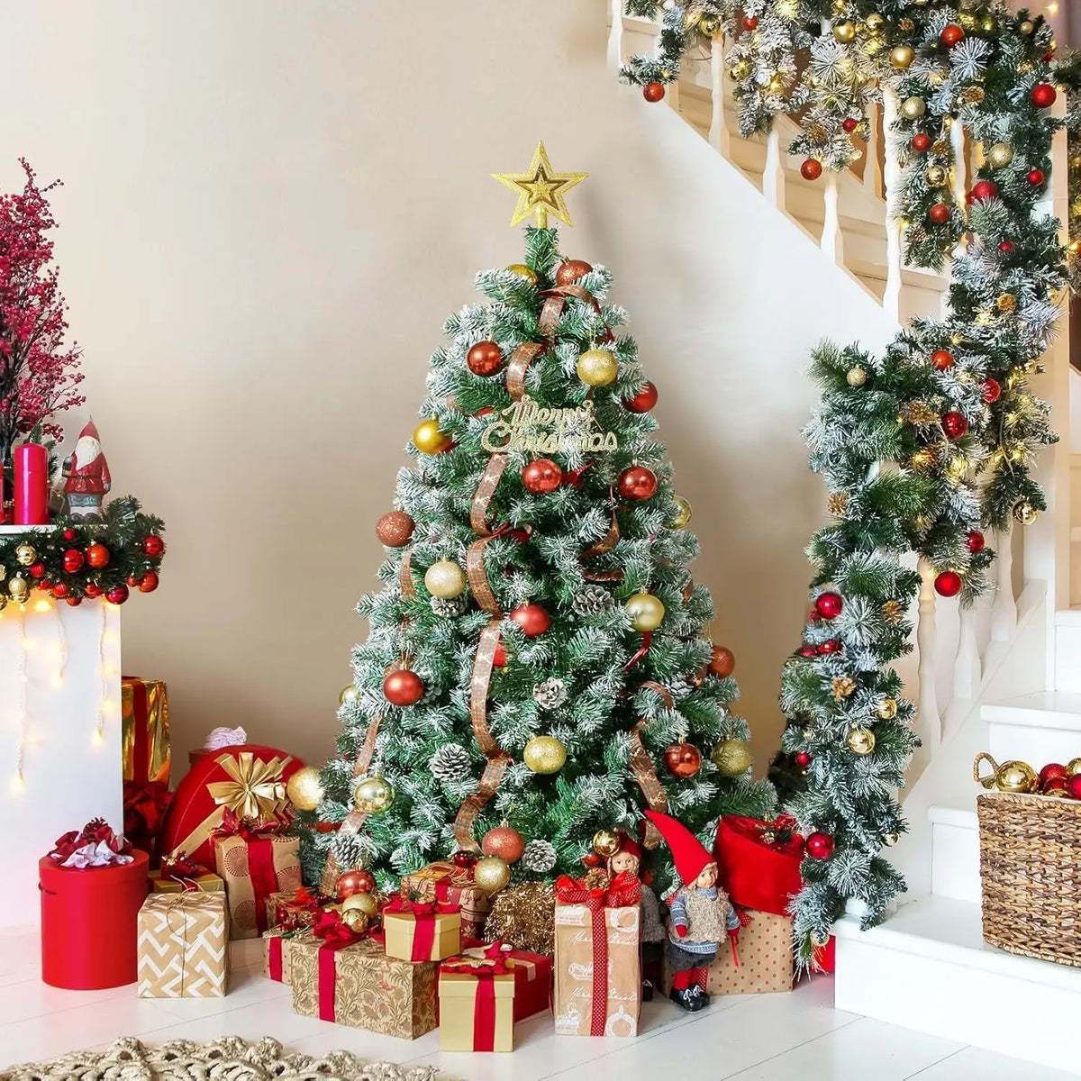 Pre-Lit Snow-Flocked Artificial Christmas Tree – Slim Holiday Tree with Pine Cones (4.5FT - 7.5FT)