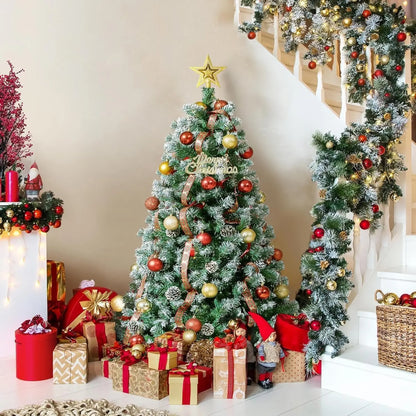 Pre-Lit Snow-Flocked Artificial Christmas Tree – Slim Holiday Tree with Pine Cones (4.5FT - 7.5FT)