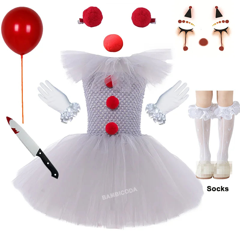 Girls' Pennywise Halloween Costume Dress Set - Creepy Clown Tutu Outfit for Kids