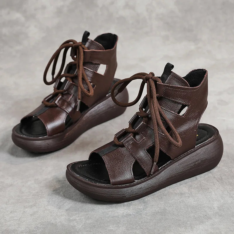 Women's Retro Genuine Leather Lace-Up Peep-Toe Sandals