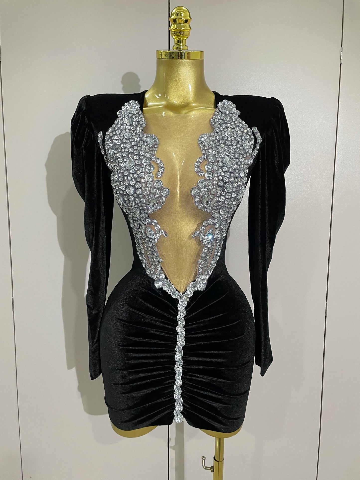Sparkly Mesh Black Velvet Short Dress