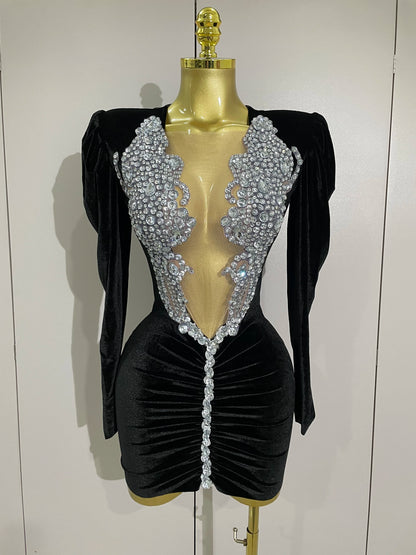 Sparkly Mesh Black Velvet Short Dress