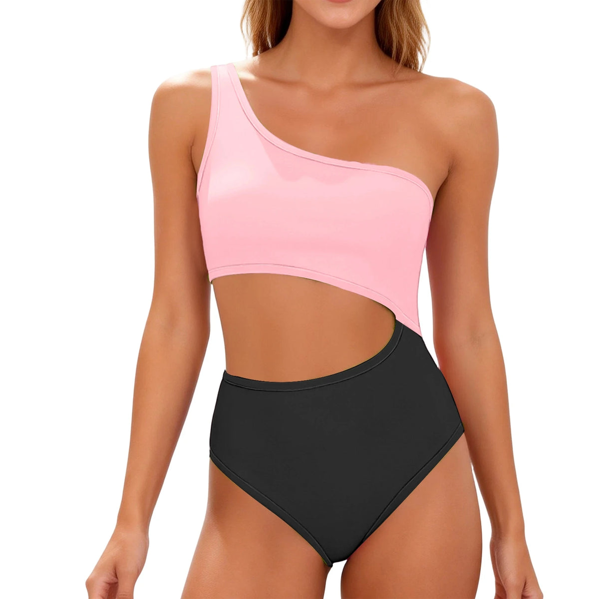 Women's Fashion Color Block One-Shoulder One-Piece Swimsuit