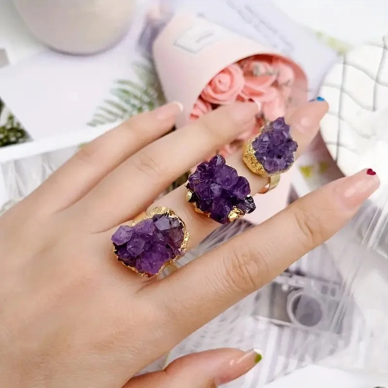 Natural Crystal Reiki Raw Irregular Amethyst Cluster Druzy Adjustable Finger Ring