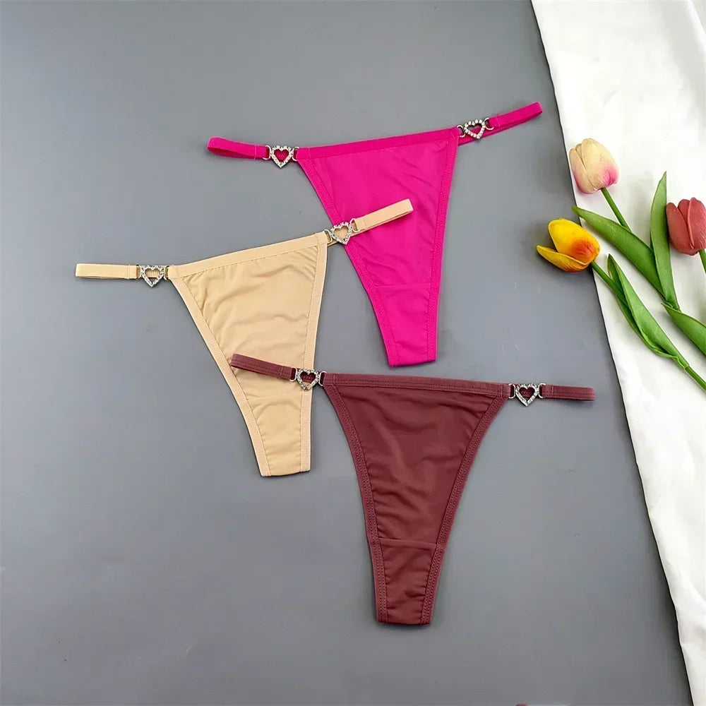 3Pcs Women's Seamless Ice Silk Thong Set - Low Waist Thin Strap G-String Panties with Rhinestone Buckle