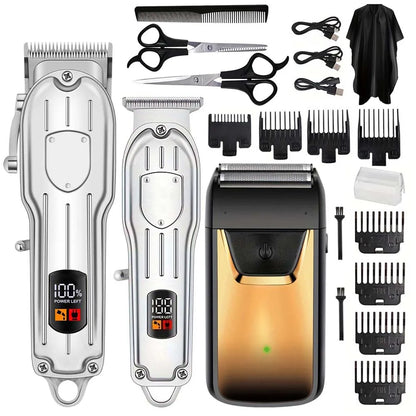 Professional Cordless Hair Clipper & Trimmer Set – USB Rechargeable Grooming Kit with LCD Display