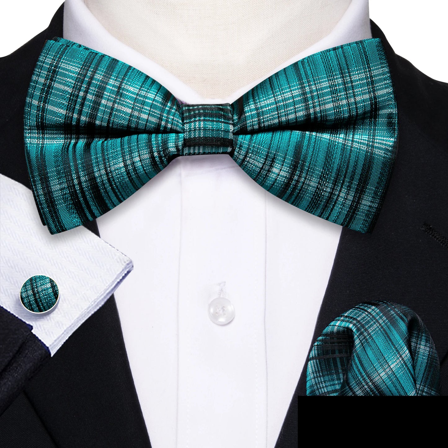 Barry.Wang Silk Bow Tie Hanky Cuffs Set