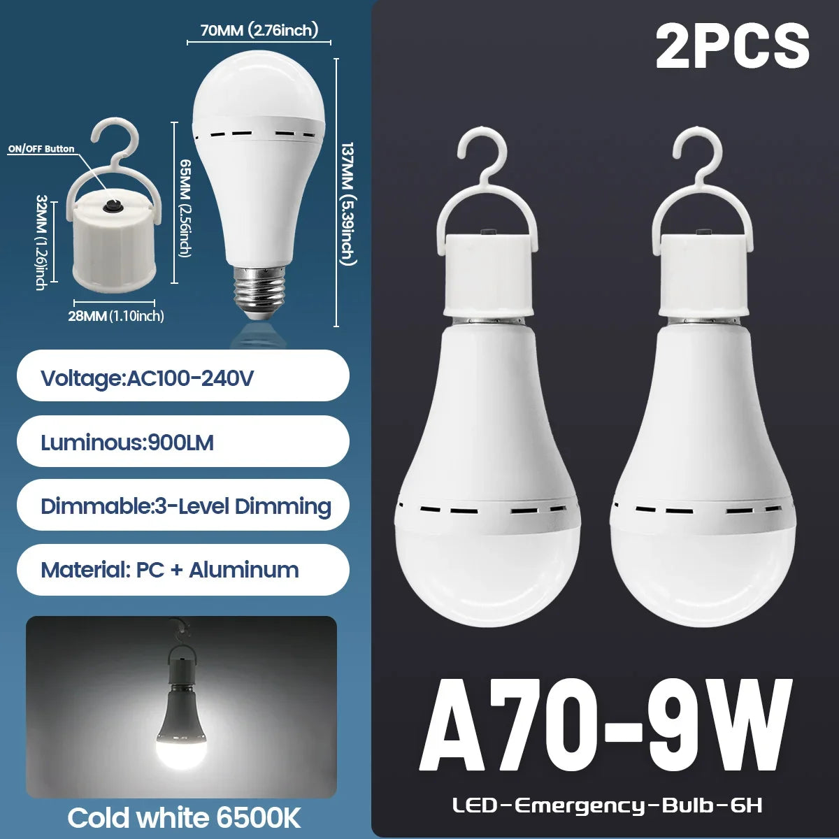 9W Rechargeable Emergency LED Light Bulb with 1500mAh Backup Battery