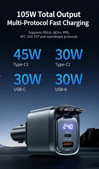 4-in-1 Retractable 105W Fast Charging Car Charger