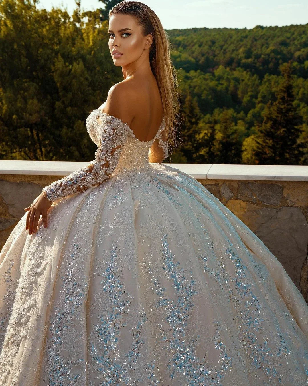 Beaded Appliques Sequined Off Shoulder Wedding Dress with Pleat Sweep Train