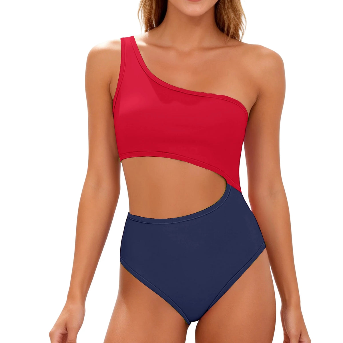 Women's Fashion Color Block One-Shoulder One-Piece Swimsuit