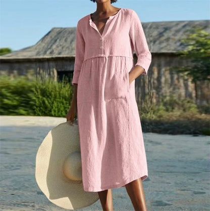 Women's Cotton Linen Half-Sleeve Midi Dress with Pockets