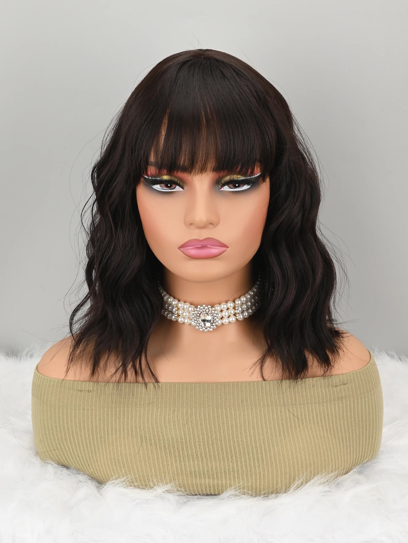 Women’s Natural Brown Short Wavy Bob Wig with Bangs