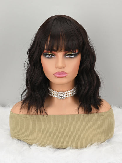 Women’s Natural Brown Short Wavy Bob Wig with Bangs