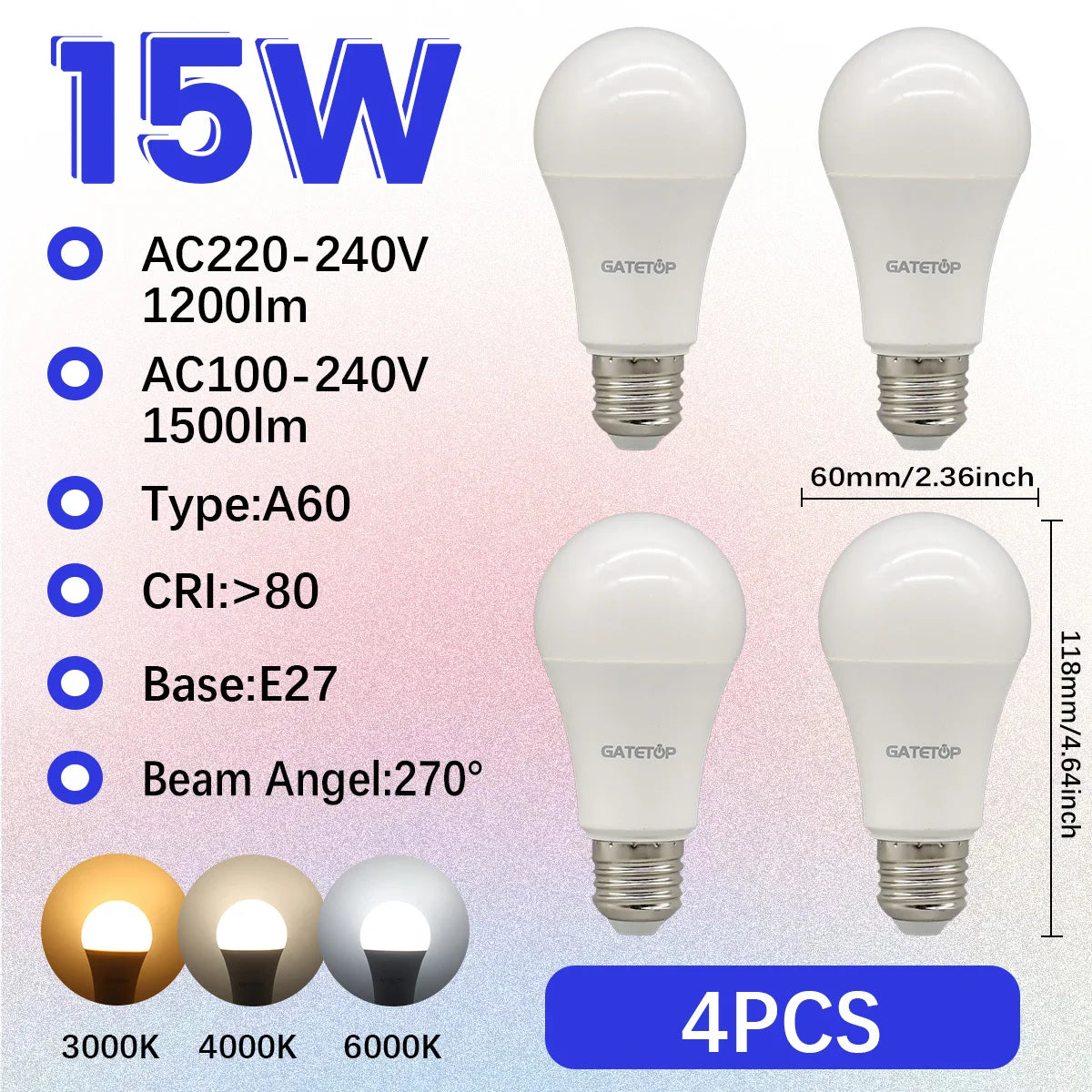 High-Efficiency Energy Saving LED Light Bulb – E27/B22 Base (15W / 3000K–6000K)