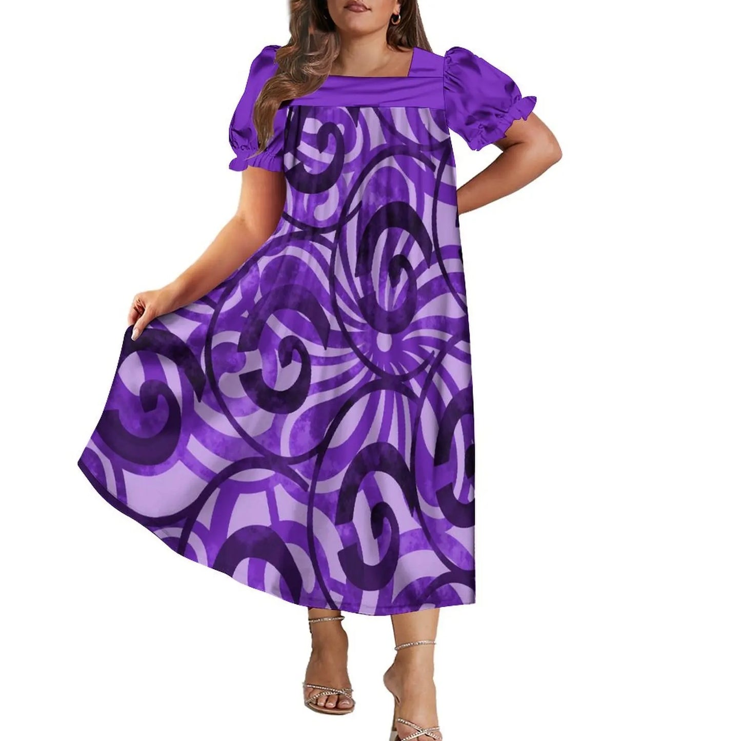 Women's Short-Sleeve Puff Sleeve Square Neck Midi Dress