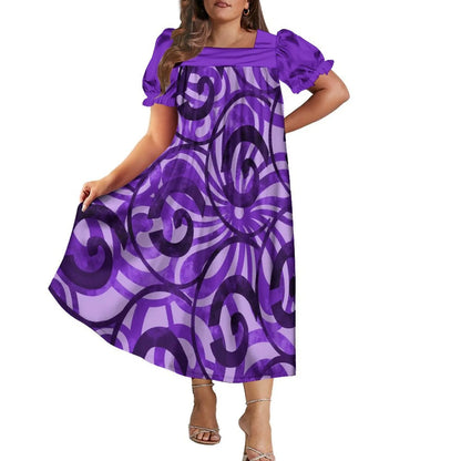 Women's Short-Sleeve Puff Sleeve Square Neck Midi Dress