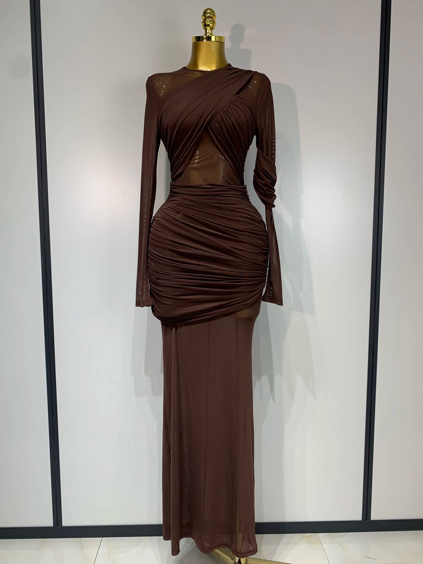 Women's Ruched Mesh Long Sleeve Bodycon Evening Dress