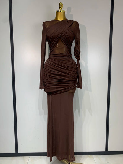 Women's Ruched Mesh Long Sleeve Bodycon Evening Dress
