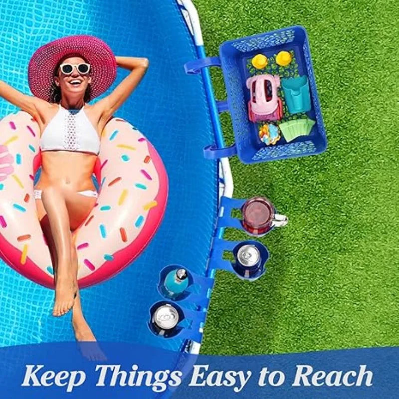 Poolside Storage Basket with Built-In Cup Holders for Above-Ground Pools