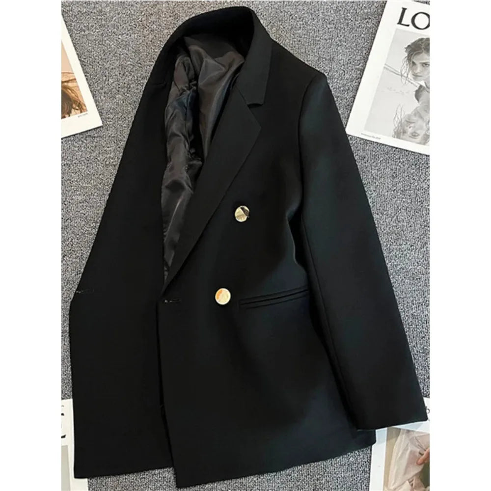Women's Elegant Double-Breasted Blazer Jacket - Spring Autumn Slim Fit Korean Style Outerwear