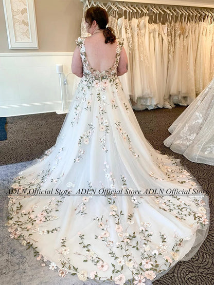 Plus Size Floral V-Neck A-Line Wedding Dress with Court Train