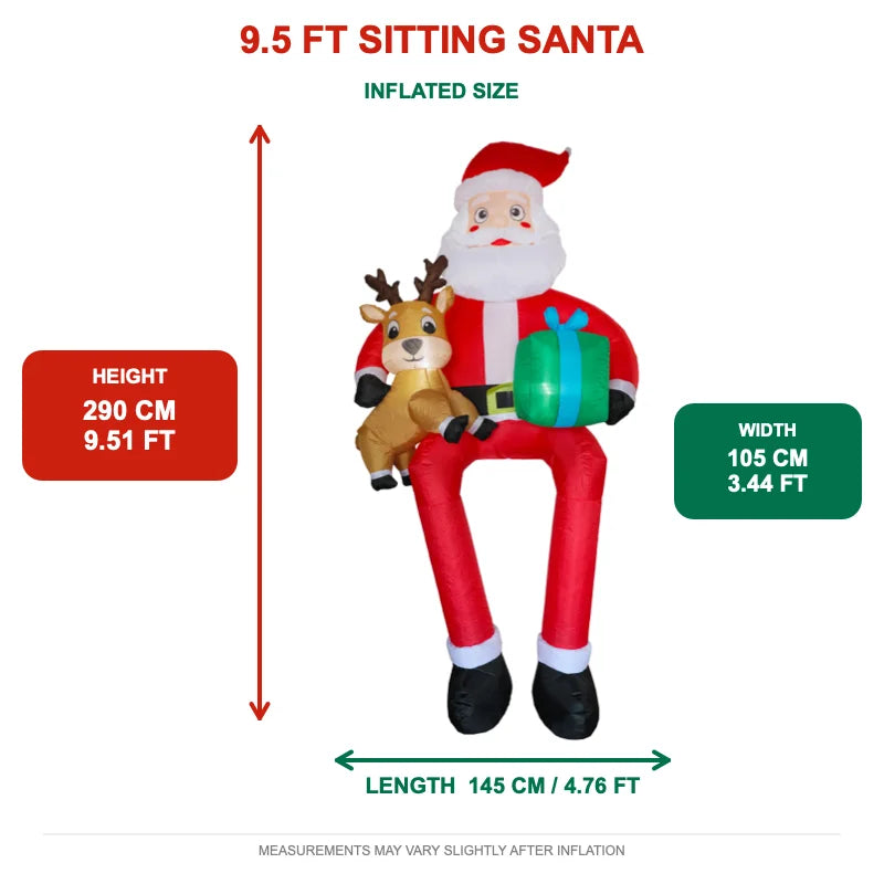 9.5FT Giant Christmas Inflatable Santa Claus Sitting on Roof with Reindeer and Gift Box