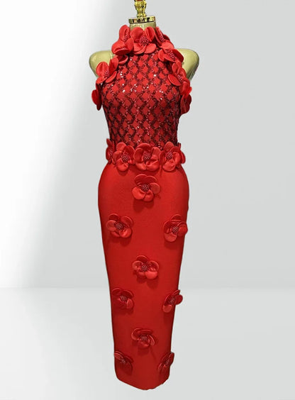 Glamorous Sequined 3D Flower Halter Bodycon Evening Gown