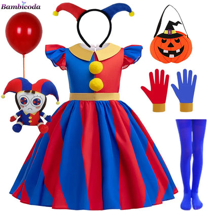 Girls' Digital Circus Pomni Cosplay Costume Set - Red & Blue Clown Dress Outfit for Kids