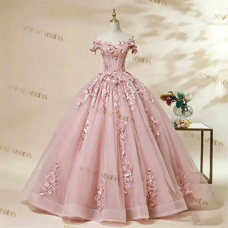Off-The-Shoulder Floral Applique Quinceañera Ball Gown