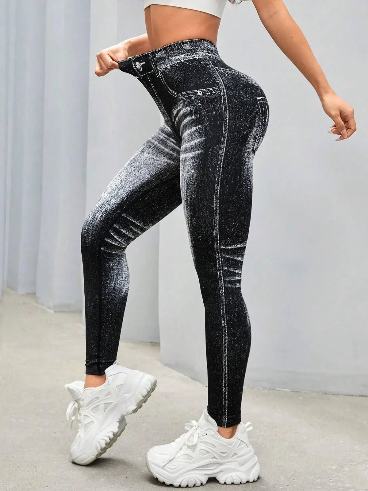Women's V-Back High-Waisted Faux Denim Jeggings – Tummy Control & Booty Lifting