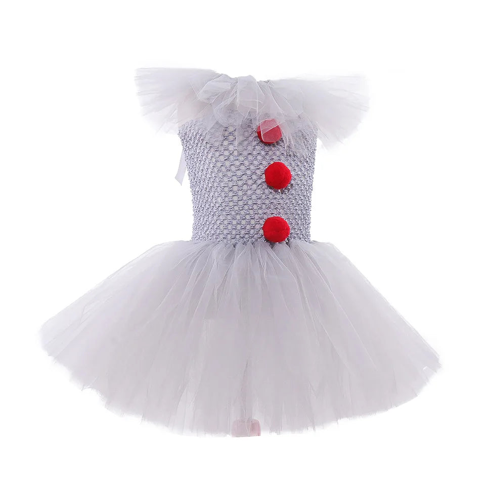 Girls' Pennywise Halloween Costume Dress Set - Creepy Clown Tutu Outfit for Kids