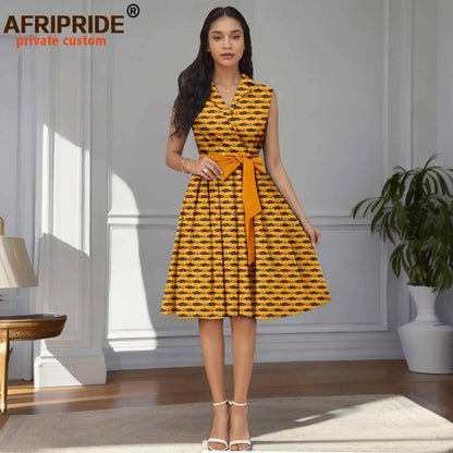 Designer Print Sleeveless High Waist Dress with Sash