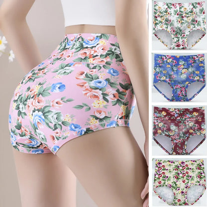 3-Pack Women's Floral Print High-Waisted Briefs - Plus Size Breathable Cotton Panties