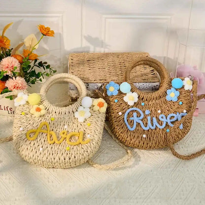 Personalized Hand-Woven Straw Tote Bag – Custom Embroidered Beach & Vacation Crossbody Bag