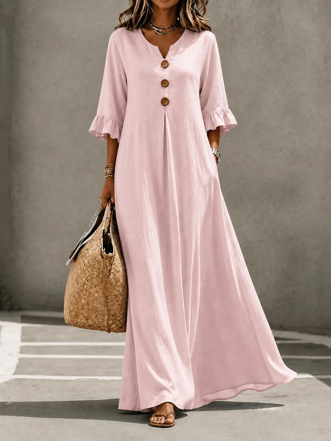 Plus Size Women's V-Neck Long Dress - Elegant Autumn & Winter Solid Color Maxi Dress