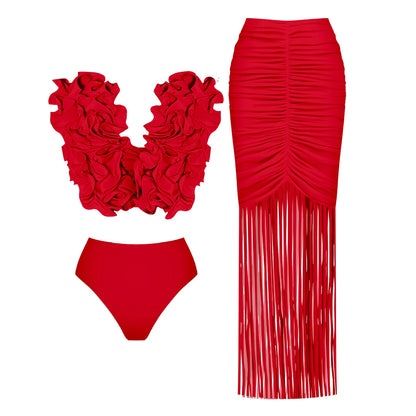 Solid Red Flower One-piece Swimsuit