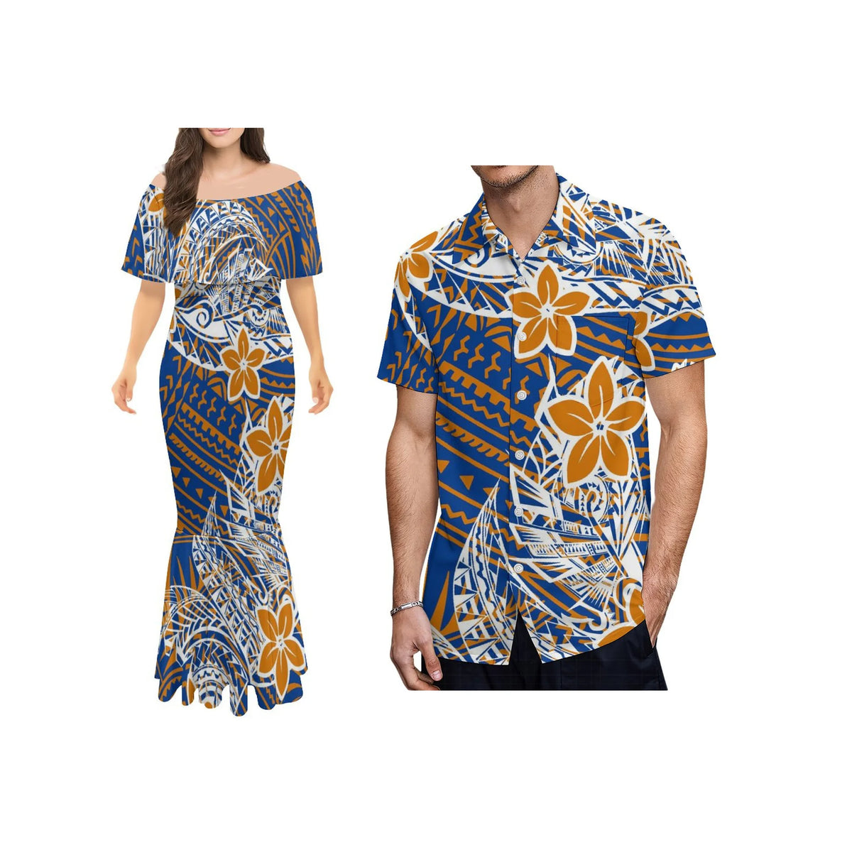 Polynesian Tribal One-Shoulder Mermaid Dress & Matching Men's Shirt
