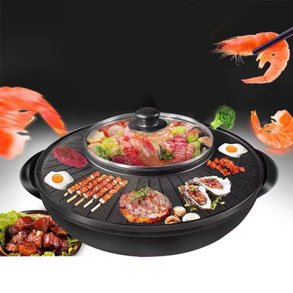 Electric Grill with Hot Pot Portable Round Barbecue Griddle Cookware Non Stick 2 in 1 Korean BBQ