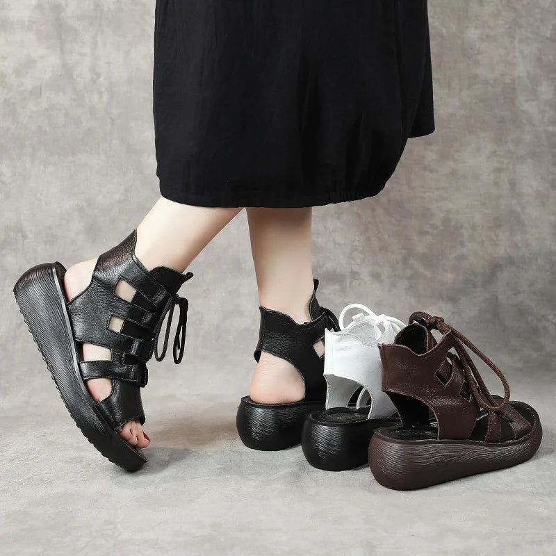 Women's Retro Genuine Leather Lace-Up Peep-Toe Sandals