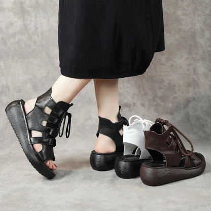 Women's Retro Genuine Leather Lace-Up Peep-Toe Sandals