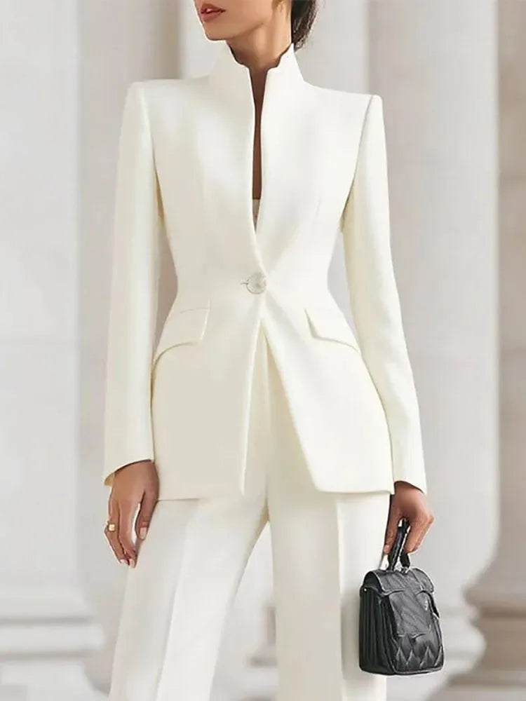 Women's 2-Piece V-Neck Single-Button Blazer & Wide-Leg Pants Suit Set