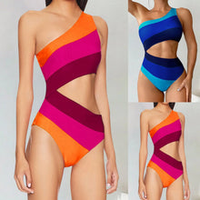 2Pce One Shoulder Cutout Color Block Swimwear
