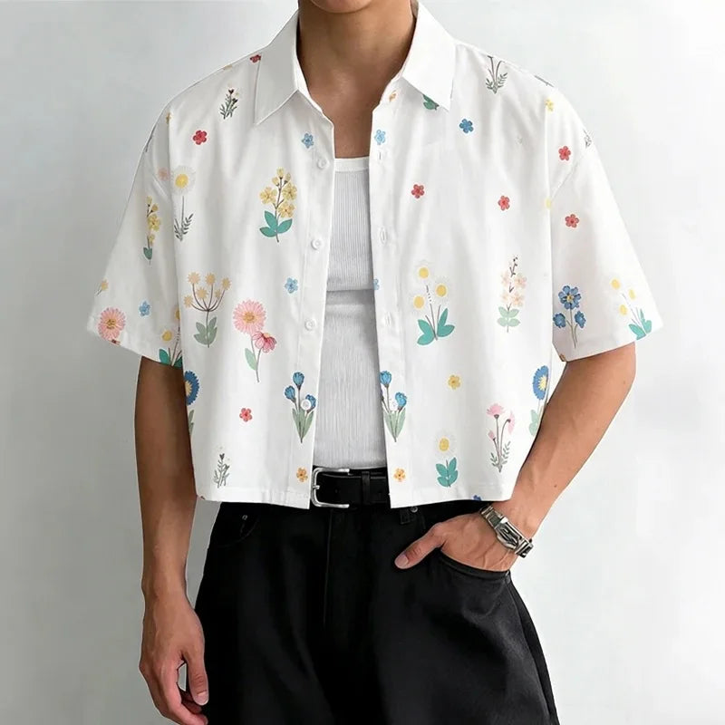 Men’s Cropped Floral Print Button-Down Shirt – Summer Vintage Casual Short Sleeve