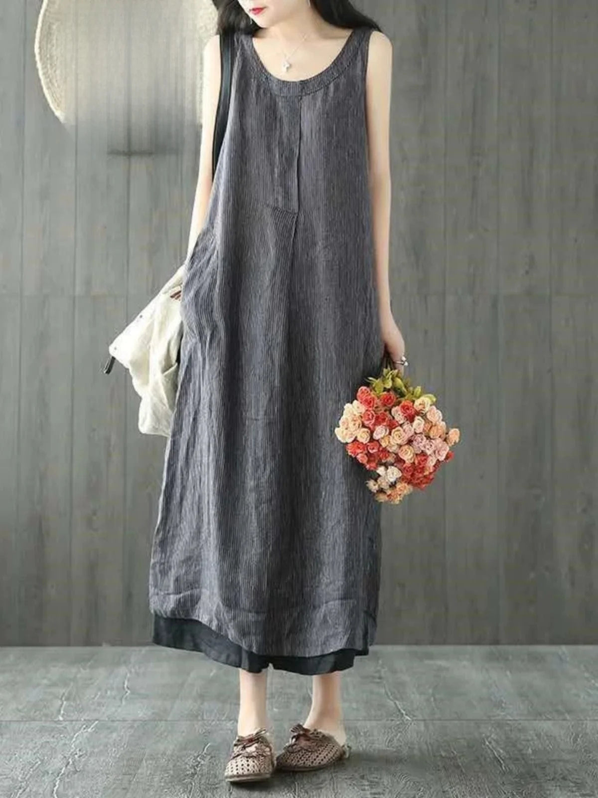 Vintage Striped Cotton Linen Sleeveless Midi Dress with Pockets