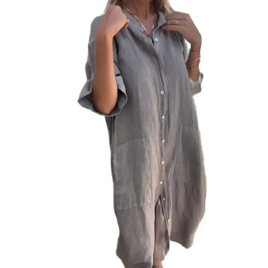 Women's Casual Loose Cotton Linen Solid Color Dress with Pockets