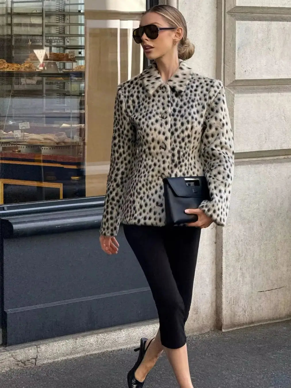Women’s Leopard Print Short Furry Jacket with Lapel Collar